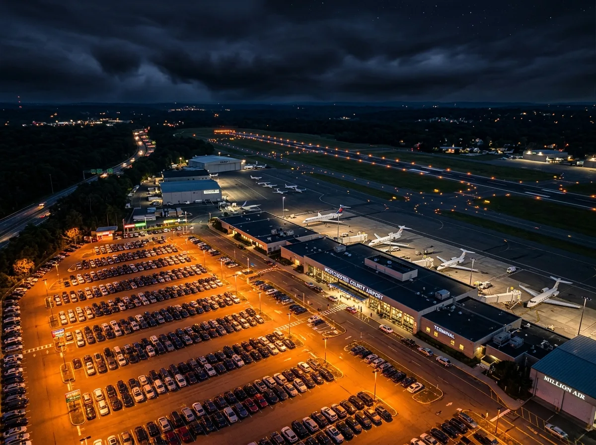 Aerial night view of Westchester County Airport HPN terminal with parked rental cars illuminated by orange runway lights, dramatic dark sky
