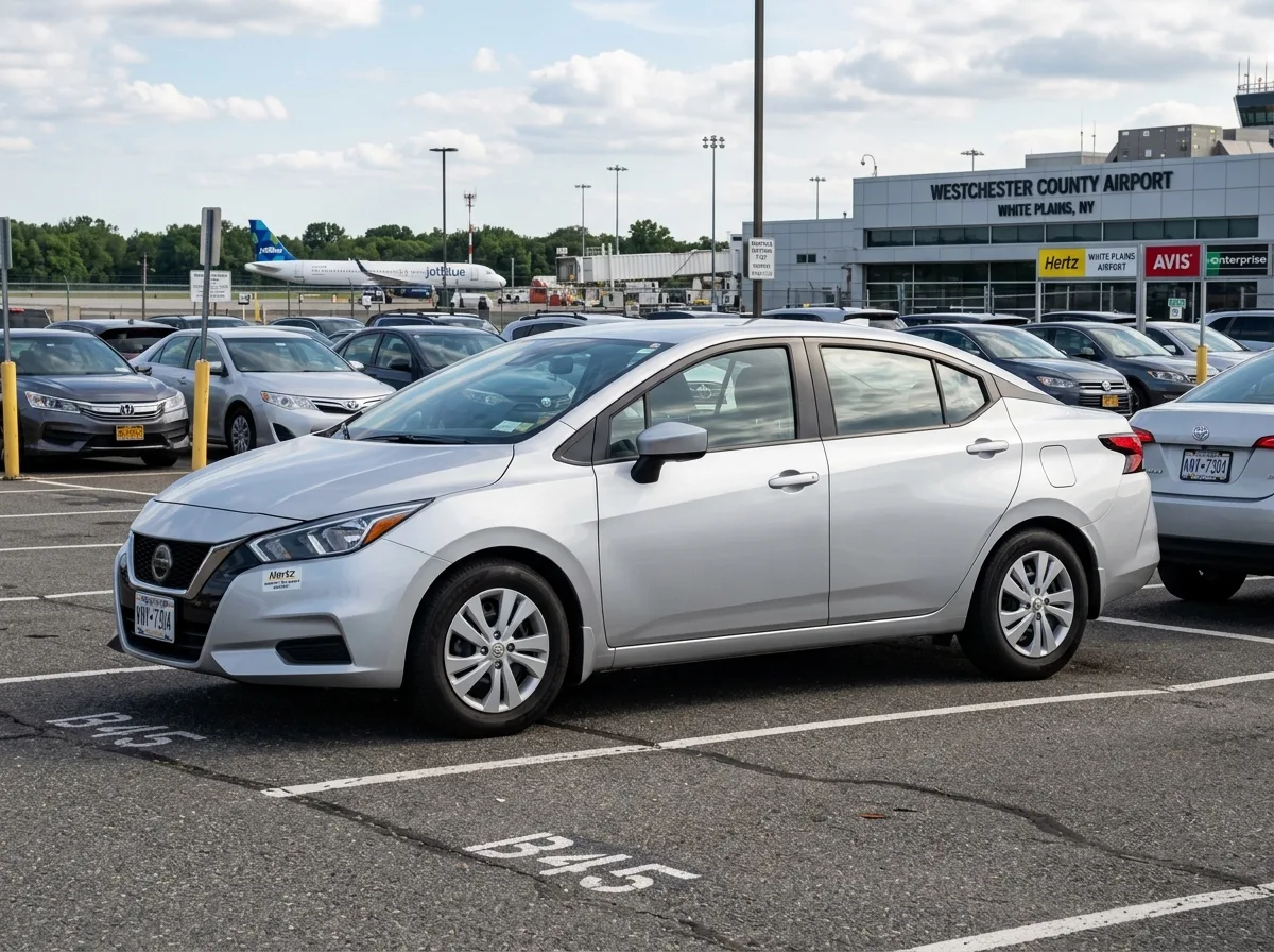 Silver compact Nissan Versa sedan at White Plains NY airport rental lot, daylight, slight angle view showing full profile