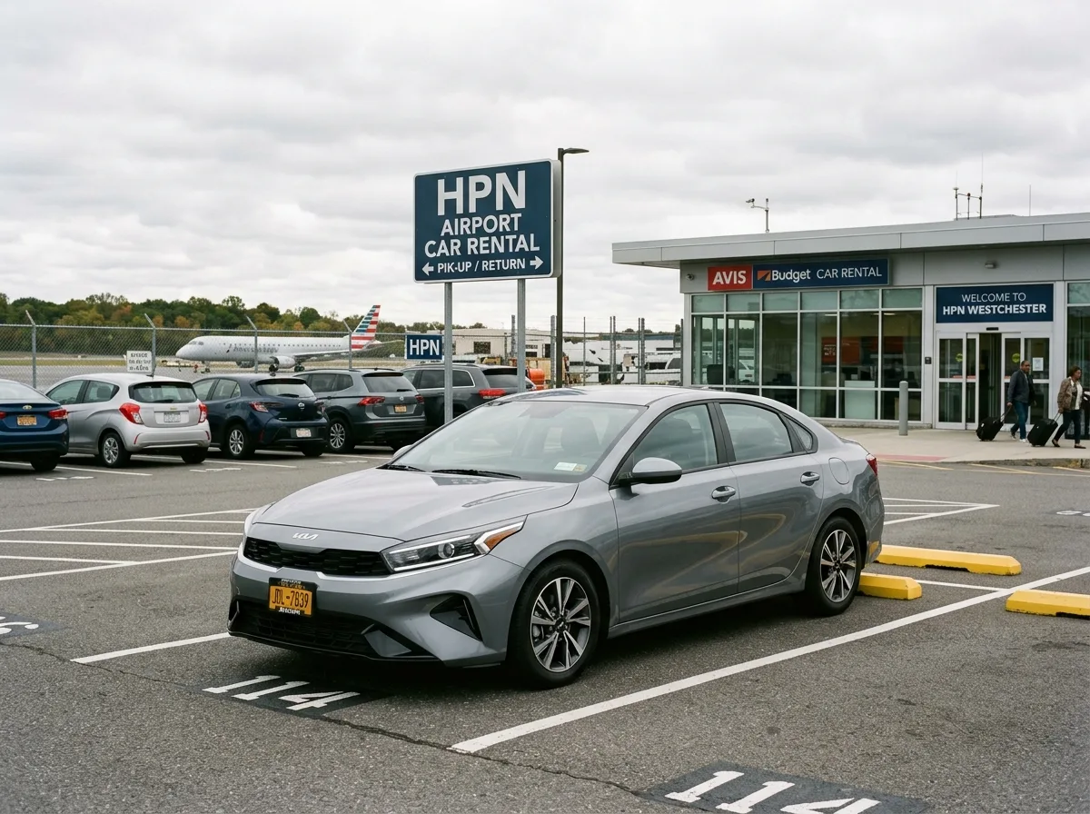 Gray intermediate Kia K4 sedan at outdoor rental facility near HPN Westchester airport, overcast sky, clean modern look