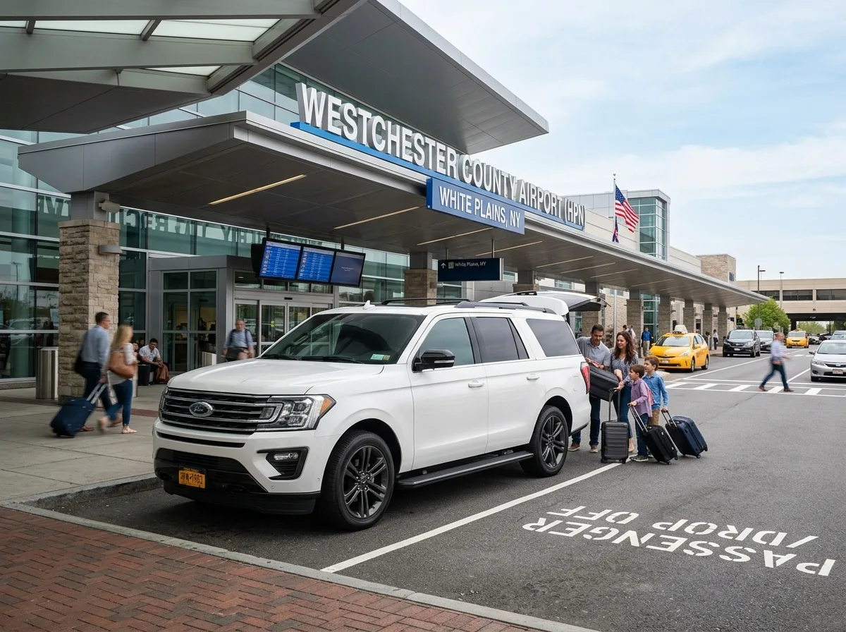 White Ford Expedition full-size SUV parked at White Plains NY airport entrance, large vehicle spacious family carrier, professional photo