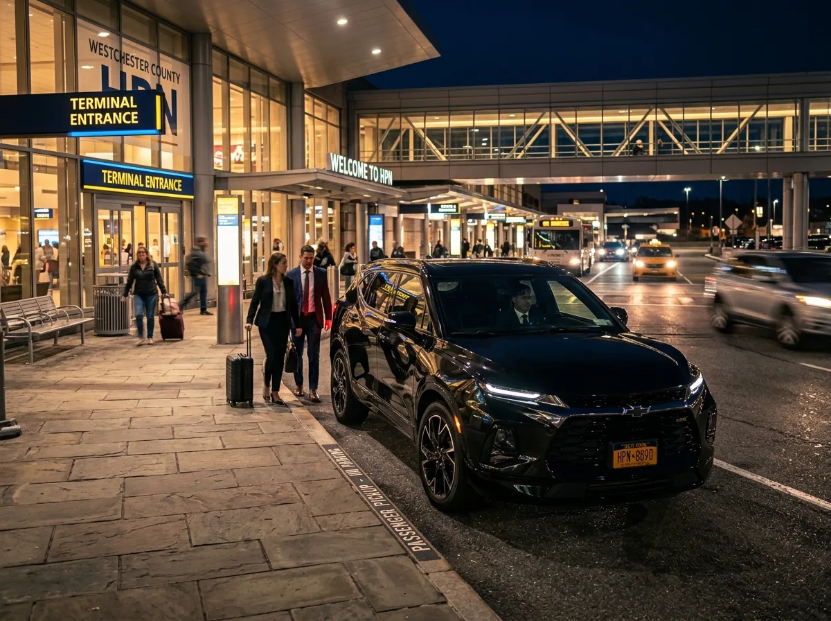 Sleek Chevrolet Blazer premium SUV in metallic black at Westchester airport pickup area, upscale vehicle at night with ambient lighting