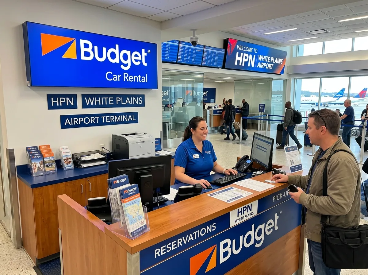 Budget car rental logo, blue and orange, terminal desk operator at HPN White Plains airport
