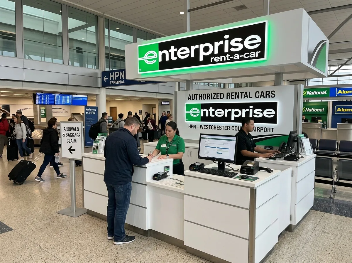 Enterprise Rent-A-Car logo, green on white, authorized arrivals hall rental desk at HPN airport