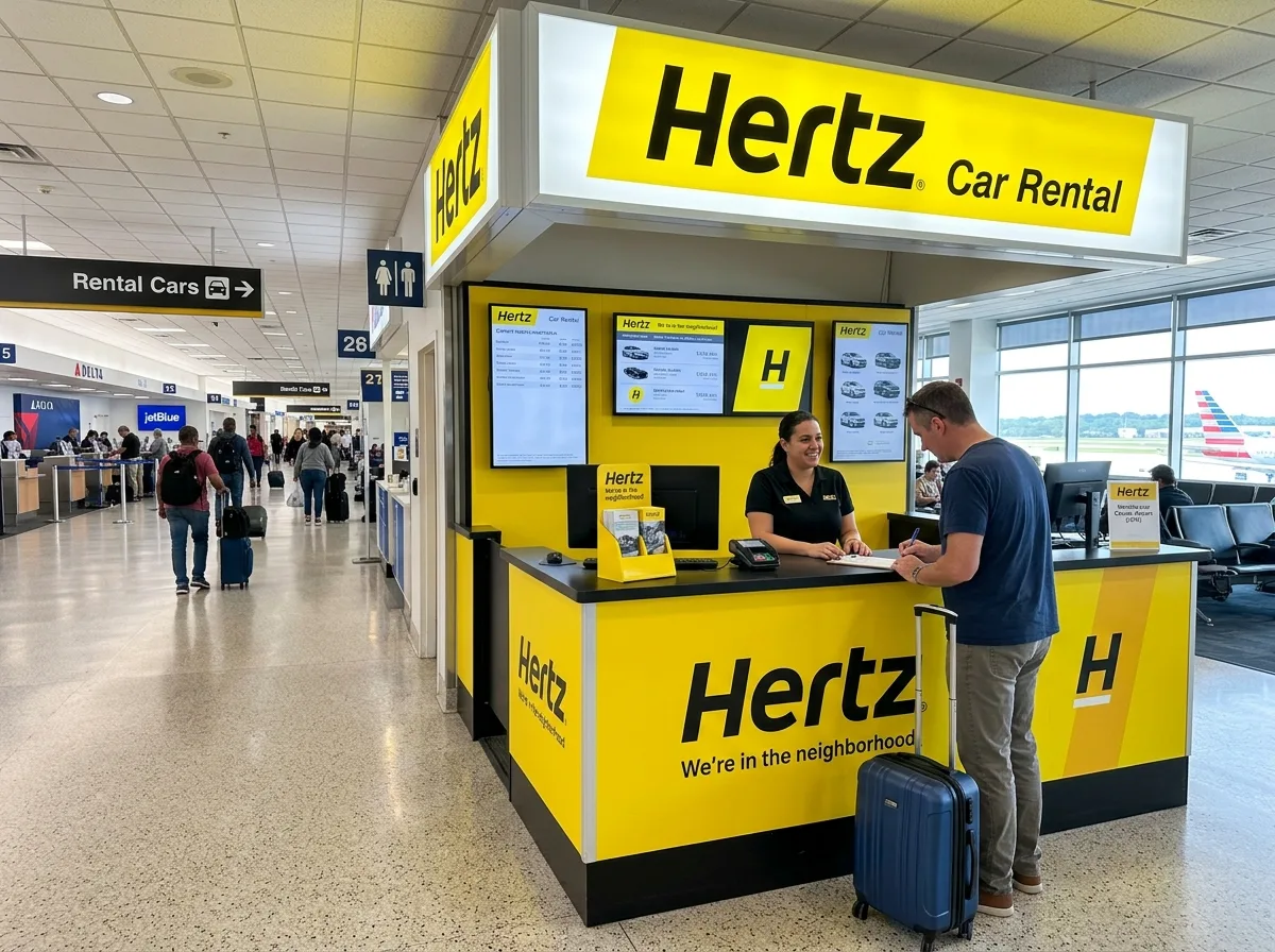 Hertz car rental logo, yellow and black, official concession desk inside Westchester County Airport terminal