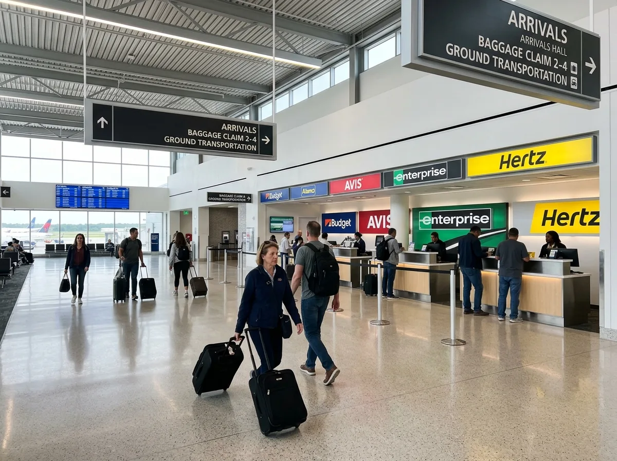 Interior of HPN Westchester County Airport arrivals hall showing clean modern terminal with car rental company desks lined up along the wall, bright lighting, travelers walking with luggage